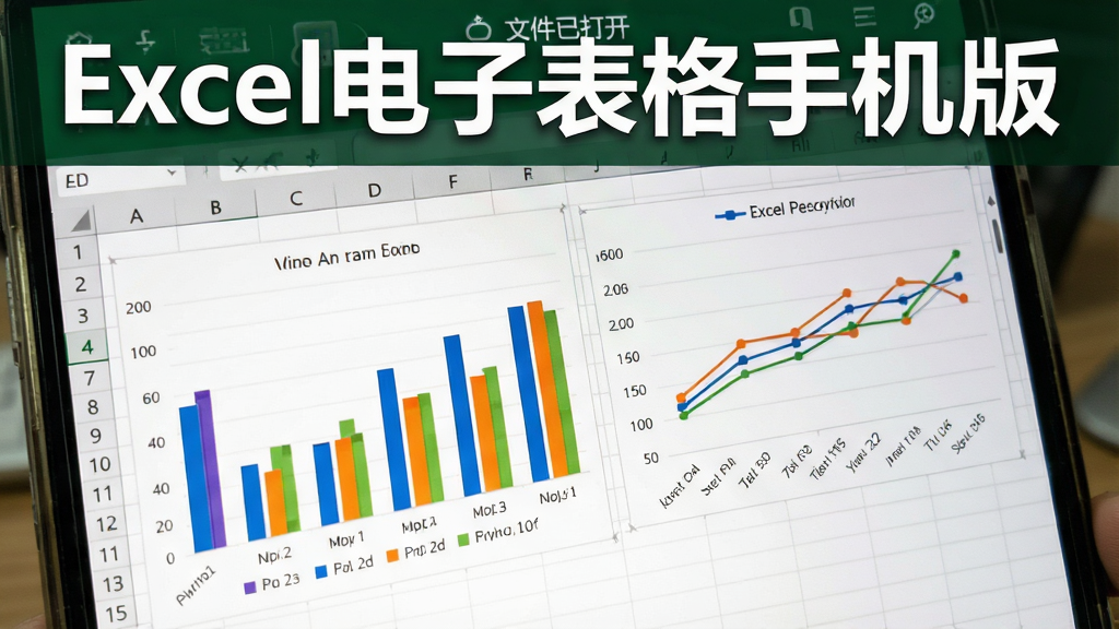 画面中展示“Excel电子表格手机版”打开了一个包含柱状图和折线图的复杂工作表,图表颜色鲜艳,数据清晰,屏幕上方显示“文件已打开”的提示,整体布局简洁,突出软件名称“Excel电子表格手机版”。