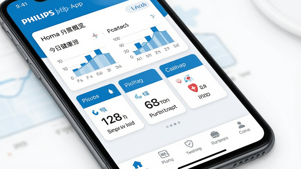 һ�ŷ�������������ҽ���豸App����������չʾͼ������Ϊ�ֻ���Ļ��д����Ļ����ʾApp�����棬����Ϊ�Ϸ��ǽ��ս���������Ƭ���м���Ѫѹ��Ѫ�������µ�����ģ�飬�ײ��ǵ����������Ϊ���ҽ�Ʒ磬������ɫ��ϸ�ڰ���������ͼ������ֵ�����ʸɾ��޶���Ԫ��
