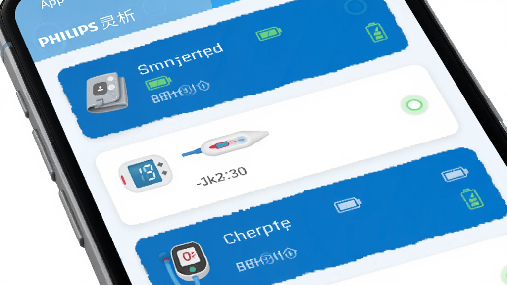 չʾ��������������ҽ���豸App���豸����ҳ�棬����Ϊ�ֻ����棬����Ϊ�����ӵ�Ѫѹ�ơ����¼ơ�Ѫ���ǵ��豸��Ƭ�б���ÿ����Ƭ�����豸���ơ�����ͼ������ͬ��ʱ�䣬���Ϊ��ƽ��ҽ�Ʒ磬������ɫ��ϸ�ڰ����豸Сͼ���Բ��״ָ̬ʾ�ƣ����ʸɾ��޶���Ԫ��