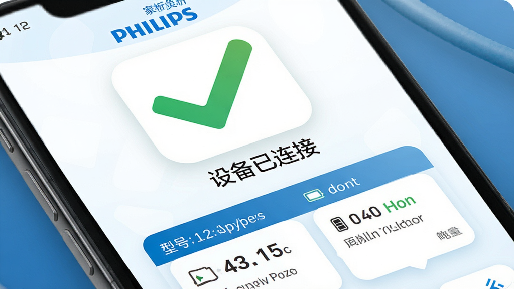 չʾ��������������ҽ���豸App����Գɹ����棬����Ϊ�ֻ���Ļ������Ϊ������ɫ�Թ�ͼ�꣬�·���ʾ���豸�����ӡ���Ѫѹֵ���ݿ�Ƭ�����Ϊ���ҽ�Ʒ磬������ɫ��ϸ�ڰ����豸�ͺ����ֺ͵�����ʾ�����ʸɾ��޶���Ԫ��