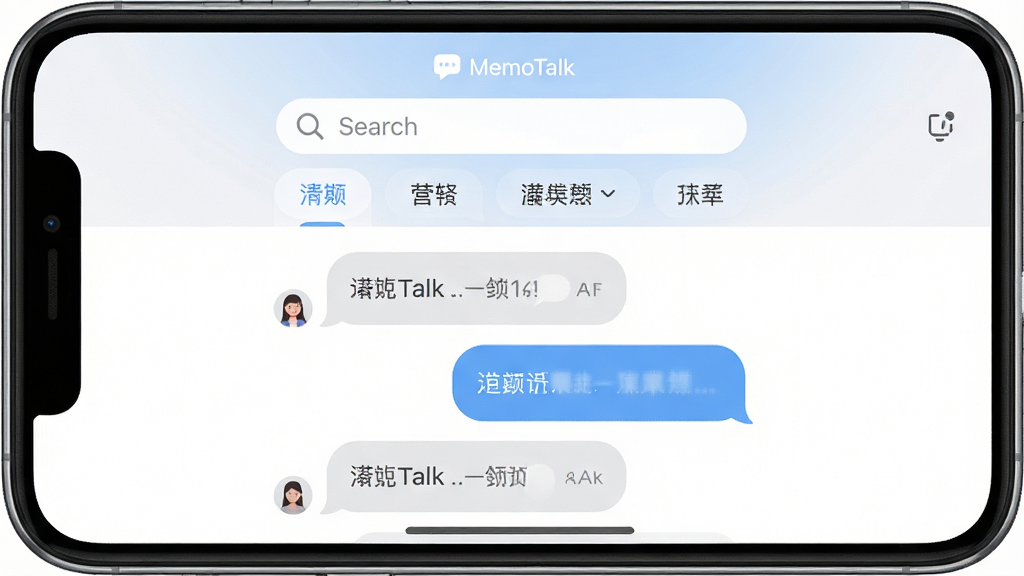 一幅展示MemoTalk应用主界面的高清截图,主体是手机屏幕中央的对话气泡列表,布局简洁,上方有搜索栏和分类标签,整体风格现代扁平,细节圆润,画质干净无多余元素,界面文字清晰显示“MemoTalk”字样。