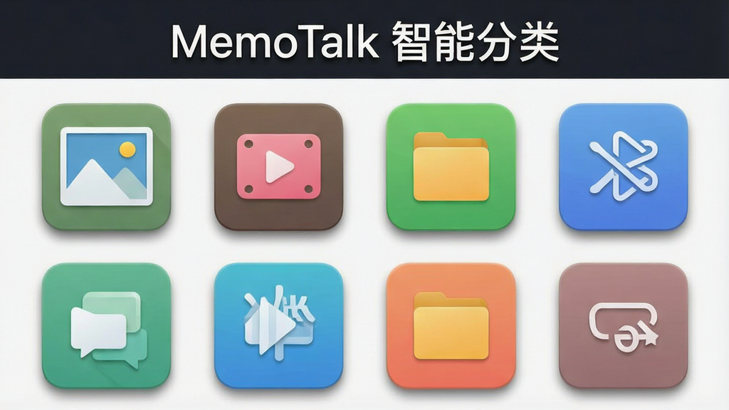 一张展示MemoTalk智能分类界面的截图,主体是网格状分类图标(图片、视频、文件、链接),布局整齐,风格简洁清爽,细节有阴影效果,画质干净,顶部标题“MemoTalk 智能分类”。