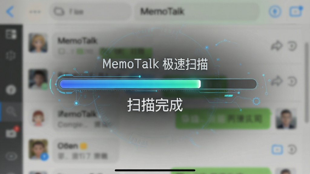 一张展示MemoTalk扫描进度的界面截图,主体是进度条和“扫描完成”字样,背景是模糊的聊天列表,布局居中,风格科技感,细节清晰,画质干净,文字标注“MemoTalk 极速扫描”。