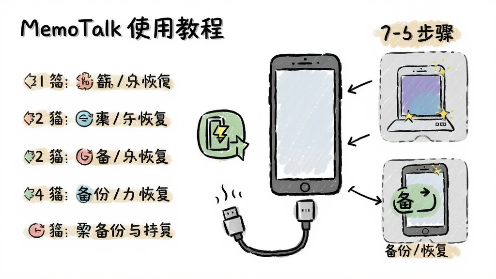 一张展示MemoTalk使用教程的示意图,主体是手机连接电脑的数据线,旁边有备份图标,布局左侧为步骤文字,右侧为操作图示,风格手绘风,细节标注“备份/恢复”,画质干净。