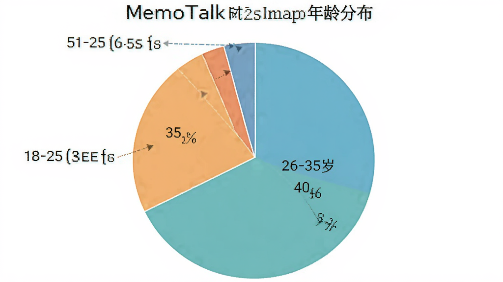 一张饼状图,展示MemoTalk用户年龄分布,18-25岁占35%,26-35岁占40%,36-50岁占20%,51-60岁占5%,配色清新,标注清晰,风格简约。