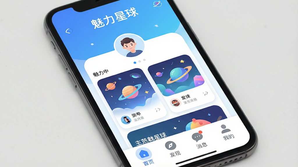 һ���ֻ���Ļ��д����Ļ����ʾ����������APP�������棬���������µ����׽���Ϊ��ɫ���������С���������Ʒ���������м���Բ���û�ͷ��Ͷ�̬��Ƭ�ٲ������ײ��С���ҳ���������֡�������Ϣ�������ҵġ��ĸ�Բ��ͼ�꣬���岼�ֱ�ƽ��������ִ���Լ��ϸ�ھ��£����ʸɾ��������޶���Ԫ�ء�