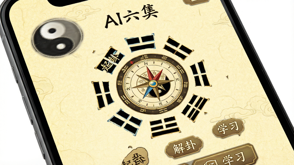 一张智能手机屏幕特写,屏幕中显示“AI六爻”APP的启动界面,界面风格古朴典雅,有太极八卦元素,整体布局简洁,中央是罗盘图案,周围有“起卦”、“解卦”、“学习”等按钮,背景是淡黄色宣纸纹理,画面干净无多余元素,画质高清。
