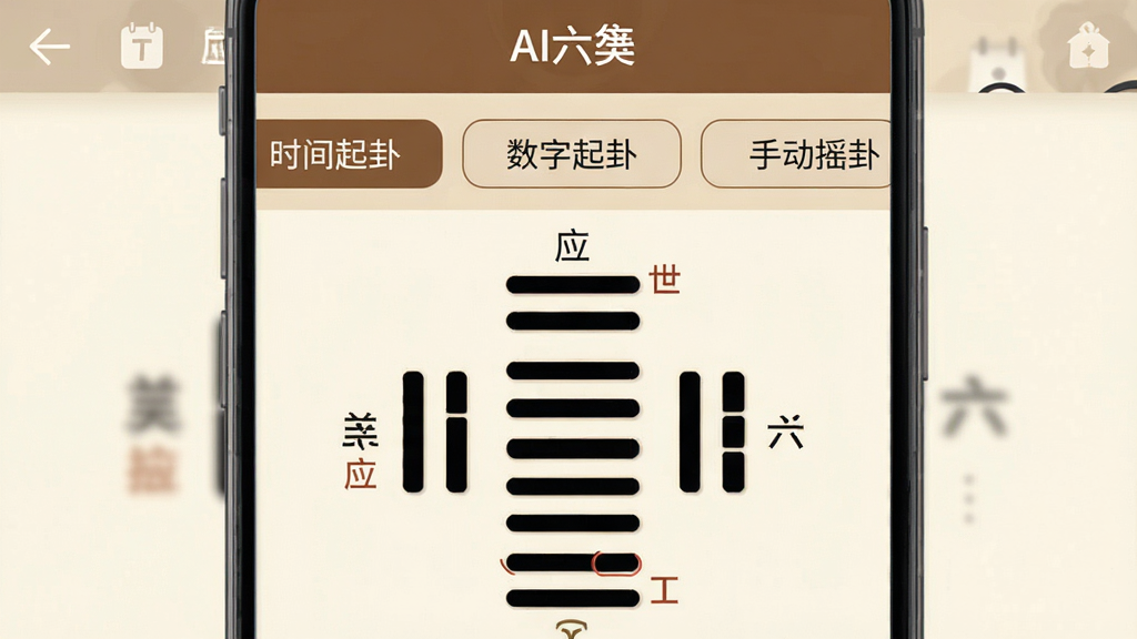 一张手机应用界面截图,展示“AI六爻”的智能排盘功能,界面清晰显示起卦方式选择按钮,包括“时间起卦”、“数字起卦”、“手动摇卦”,下方是自动生成的卦象图,包含六爻的符号和世应标记,整体风格简洁明快,配色以棕色和米色为主,画质干净无多余元素。