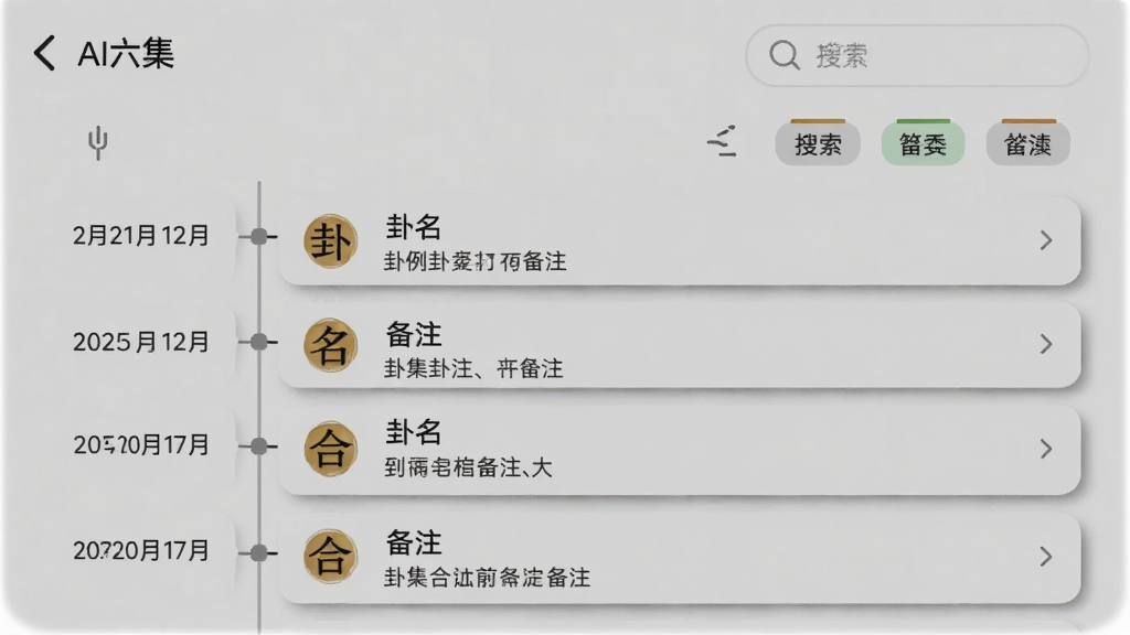 一张手机应用界面截图,展示“AI六爻”的卦例管理功能,界面以时间线形式展示历史卦例,每条记录包含日期、卦名和简短的备注,有搜索框和分类标签,整体风格简洁,有轻微阴影效果,画质干净。