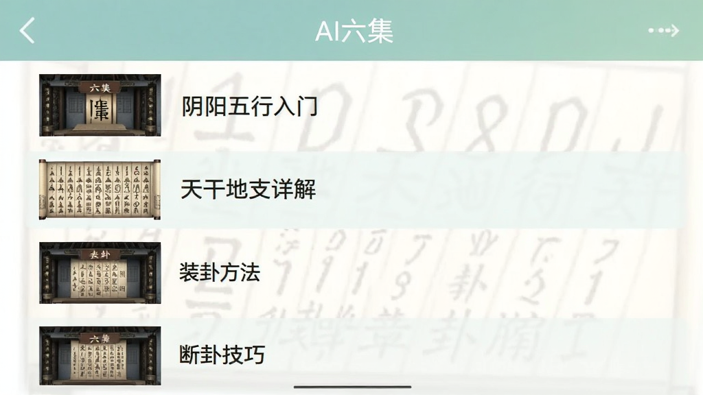 一张手机界面截图,显示“AI六爻”内置的学习资料库页面,界面以列表形式展示课程章节,如“阴阳五行入门”、“天干地支详解”、“装卦方法”、“断卦技巧”,每个章节配有缩略图,整体风格清新,配色柔和,画质干净。