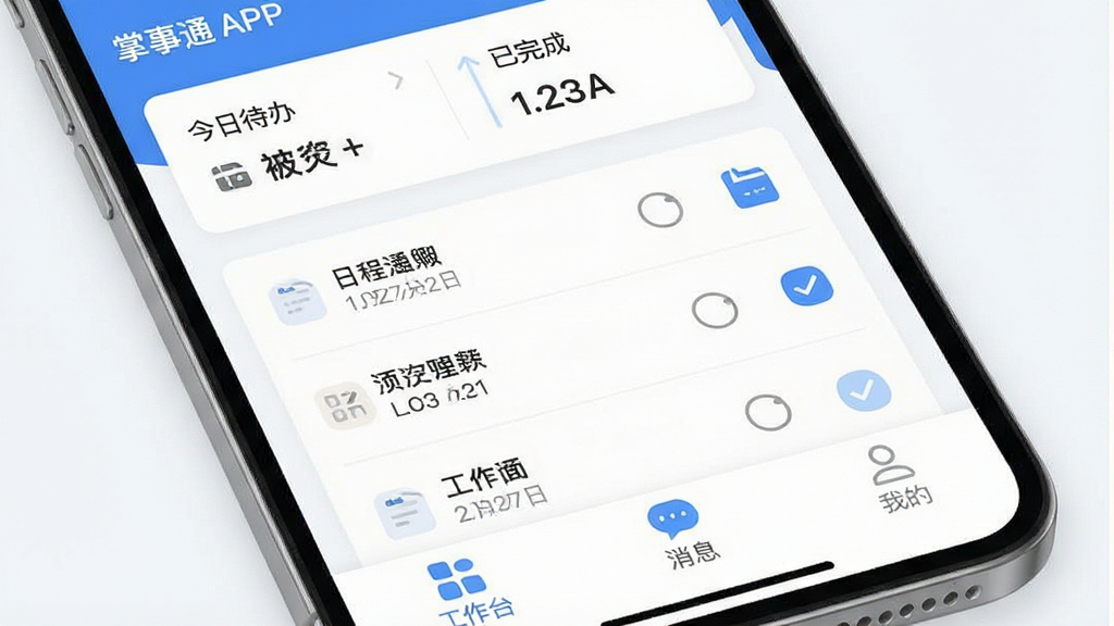 图片描述:以“掌事通”APP主界面为视觉主体,采用扁平化设计风格,整体以蓝白为主色调,界面顶部显示“今日待办”和“已完成”数量,中间列出清晰的日程条目和勾选圆圈,底部有“工作台”、“消息”、“我的”三个标签栏。布局整洁,图标圆润,画质高清,干净无多余元素。