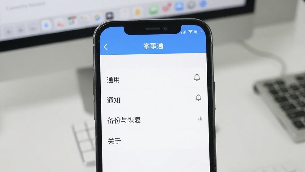 图片描述:一张手机截图显示“掌事通”的设置页面,包含“通用”、“通知”、“备份与恢复”、“关于”等选项,背景是简洁的桌面,整体风格清晰,画质干净。