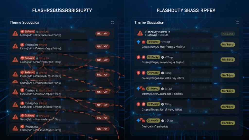 一张对比示意图,左侧是杂乱的告警列表,右侧是经过Flashduty处理后的聚合告警列表,每条带优先级标签,主题简洁,蓝色科技感背景,画质清晰,无多余元素