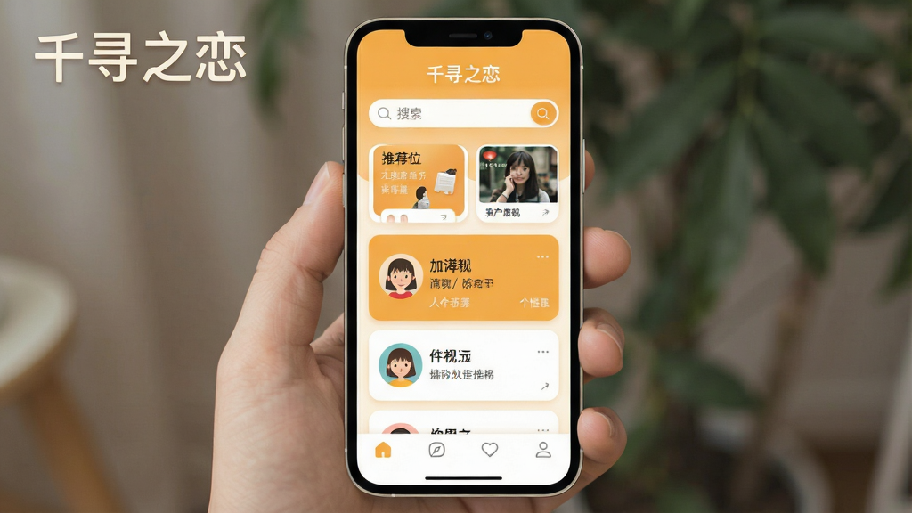 һ��չʾǧѰ֮��App����ȫò��ͼƬ���������ֻ���Ļ���棬����Ϊ���½ṹ�����������������Ƽ�λ���м��ǿ�Ƭʽ�û�չʾ������ͷ���ǳƺ͸���ǩ�����ײ��Ǽ��ĵ����������Ϊ��ƽ����ƣ���ɫ������ů�ĳȻ�ɫ��ϸ��Բ�󣬻��ʸɾ��޶���Ԫ�أ���Ļ�Ϸ���ʾ��ǧѰ֮����������