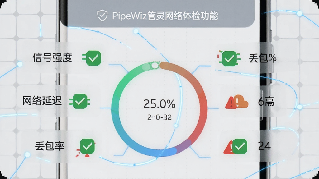 展示PipeWiz管灵网络体检功能的截图,画面中手机界面上显示一个圆形进度环,周围列出“信号强度”、“网络延迟”、“丢包率”等指标,每一项都有绿色对勾或红色警告图标,背景是浅灰色网格,整体风格科技感十足,画质干净无多余元素。