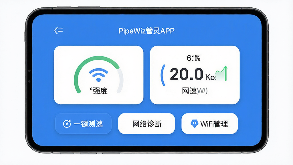 一张展示PipeWiz管灵APP主界面的高清产品图,画面中央是简洁的蓝白色调仪表盘,显示当前WiFi信号强度和网速,上下分布着“一键测速”、“网络诊断”、“WiFi管理”三个功能按钮,布局规整,风格现代扁平,细节圆润,画质干净无多余元素。