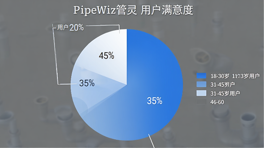 一张展示PipeWiz管灵用户满意度的饼状图,图中显示18-30岁用户占45%,31-45岁用户占35%,46-60岁用户占20%,整体配色为蓝白渐变,图例清晰,风格简洁,画质干净无多余元素。
