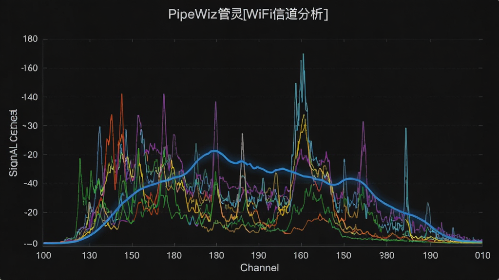 一张PipeWiz管灵WiFi信道分析的可视化图表,屏幕上是多色曲线组成的信道分布图,横轴为信道编号,纵轴为信号强度,当前连接的WiFi用蓝色高亮曲线标出,背景深色,图表元素清晰,风格专业,画质干净无多余元素。