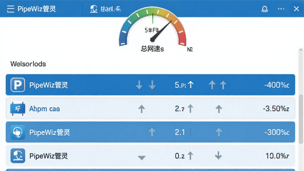 展示PipeWiz管灵应用网络监控界面的截图,画面中是一份应用列表,每个应用名称旁有上下行箭头和速度数值,顶部有总网速仪表盘,整体风格简洁,文字清晰,蓝白配色,画质干净无多余元素。