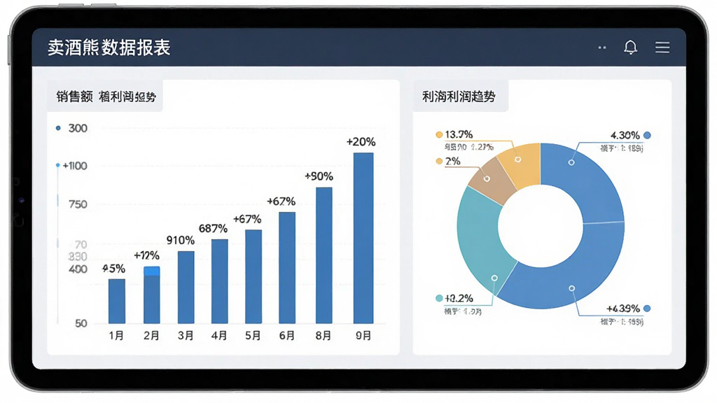 卖酒熊商家版数据报表界面,主体为平板电脑展示柱状图和饼状图,显示销售额和利润趋势,布局为左右分栏,风格商务数据可视化,细节有百分比标注,画质干净无多余元素