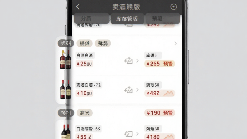 卖酒熊商家版库存管理功能截图,主体为手机屏幕上的商品列表,显示各类白酒红酒的库存数量和预警标记,背景为柔和灰色,布局列表式,风格简洁商务,细节有分类标签,画质干净无多余元素