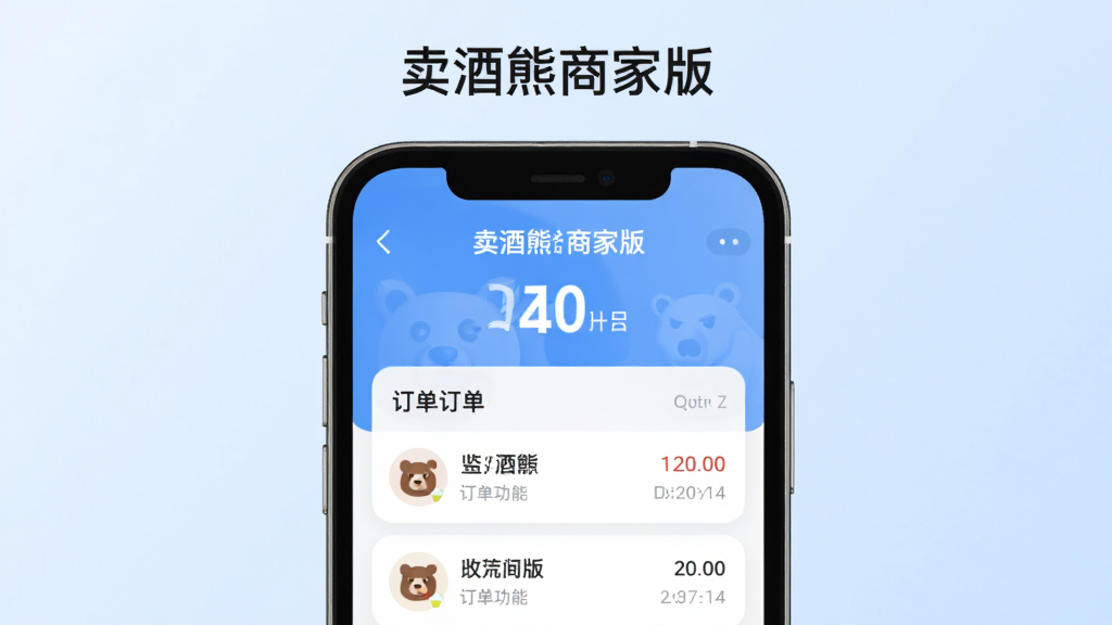 一张展示卖酒熊商家版软件核心功能的宣传图,主体为智能手机屏幕界面,屏幕中央显示当日收款总额和订单列表,顶部有卖酒熊商家版字样,背景为简洁的淡蓝色渐变,布局居中,排版规整,风格现代扁平,细节圆润,画质干净无多余元素