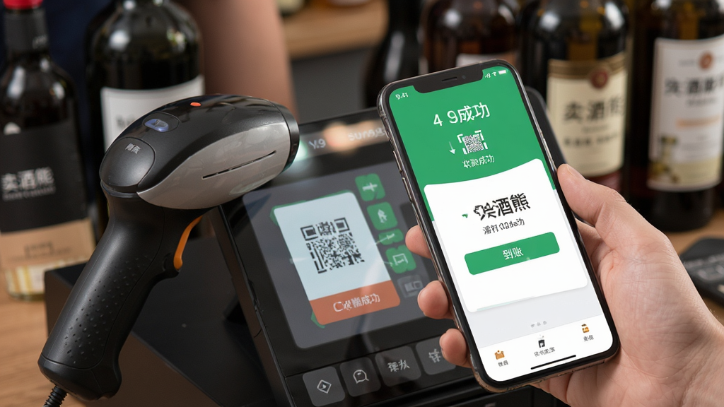 卖酒熊商家版软件界面特写,主体为收银台场景,商家正在用手机扫描顾客的付款码,屏幕上显示收款成功金额和到账提示,布局为特写镜头,风格写实清晰,细节包括扫码枪和商品酒瓶,画质干净无多余元素