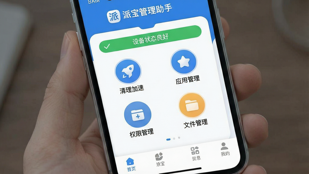 一张展示“派宝管理助手”主界面的高清截图,主体是手机屏幕上的应用界面,布局清晰,顶部显示“派宝管理助手”Logo和“设备状态良好”的绿色提示,中间是几个圆形功能图标(清理加速、应用管理、权限管理、文件管理),底部为导航栏,整体风格现代扁平,以蓝白为主色调,细节圆润,画质干净,无多余元素。
