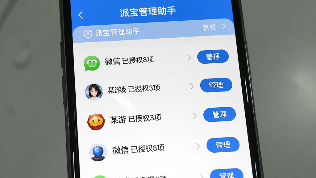 一张展示“派宝管理助手”权限管理功能的截图,主体是手机屏幕上的权限列表,显示“微信 已授权8项”、“某游戏 已授权3项”等条目,每条右侧有“管理”按钮,界面以白色为主,搭配蓝色强调色,布局规整,风格简洁,画质干净,无多余元素。