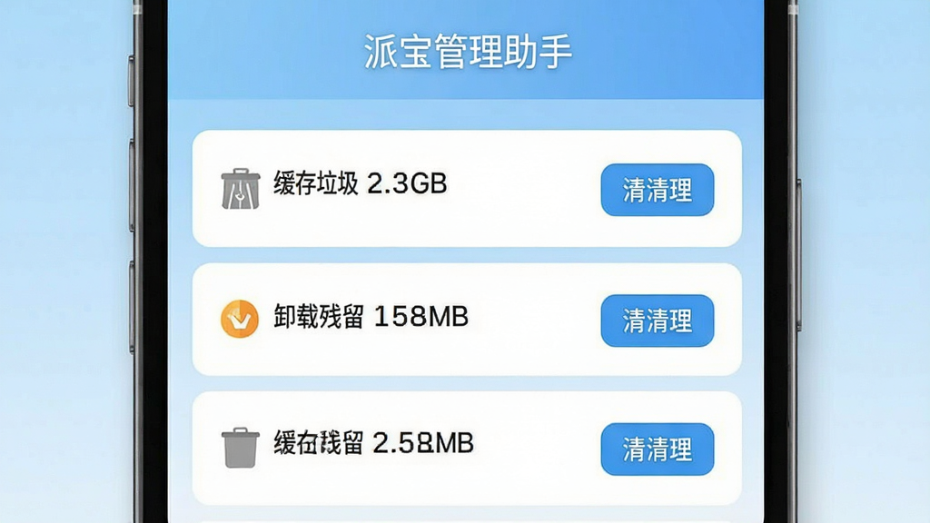 一张展示“派宝管理助手”垃圾清理功能的截图,主体是手机屏幕上的扫描结果页面,显示“缓存垃圾 2.3GB”、“卸载残留 158MB”等分类列表,每个分类右侧有清理按钮,背景为浅蓝色渐变,界面干净,文字清晰,风格扁平,画质干净,无多余元素。