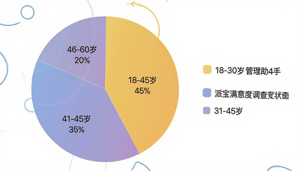 一张“派宝管理助手”用户满意度调查饼状图,主体是一个圆形饼图,分为三块:18-30岁占45%,31-45岁占35%,46-60岁占20%,每块颜色不同,图例在右侧,整体风格简洁,配色清新,画质干净,无多余元素。