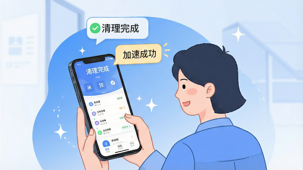 一张展示“派宝管理助手”使用场景的插画,主体是一个用户正在手机上操作应用,屏幕上方飘着“清理完成”、“加速成功”的提示气泡,背景为蓝色渐变,风格简约,细节清晰,画质干净,无多余元素。