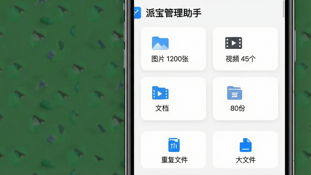 一张展示“派宝管理助手”文件管理功能的截图,主体是手机屏幕上的文件分类页面,显示“图片 1200张”、“视频 45个”、“文档 80份”等卡片,底部有“重复文件”和“大文件”快捷入口,界面以白色为主,搭配蓝色图标,布局清晰,风格现代,画质干净,无多余元素。