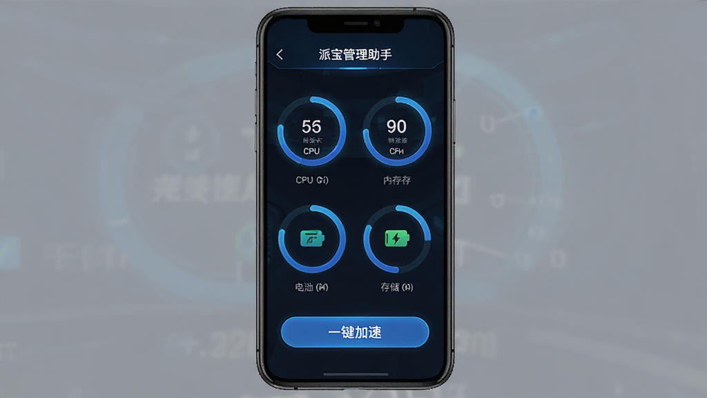 一张展示“派宝管理助手”设备状态监控的截图,主体是手机屏幕上的仪表盘页面,显示CPU、内存、电池、存储四个圆环进度图,下方是“一键加速”按钮,整体风格科技感,深色背景,蓝色数据,细节丰富,画质干净,无多余元素。