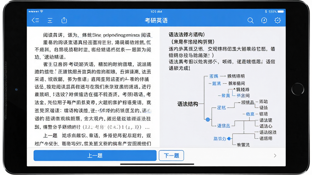 平板电脑横屏显示“考研英语”App的真题精讲界面,左侧是英语阅读真题原文,右侧是逐句的中文翻译和语法结构树状图,底部有“上一题”“下一题”按钮,整体布局清晰,蓝白配色,界面干净,细节丰富,画质高清。