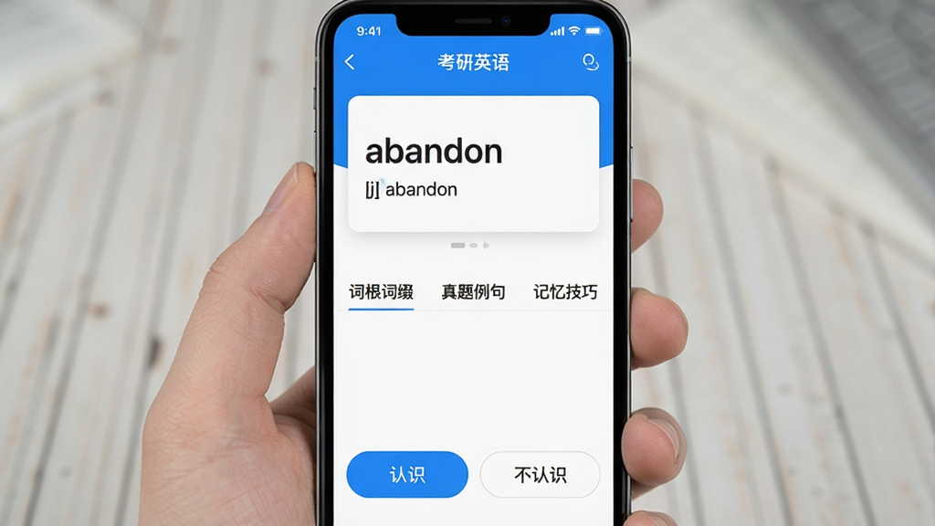 手机竖屏显示“考研英语”App的单词背诵界面,上方是一个覆盖半屏的单词卡片,显示“abandon”和音标,卡片下方是“词根词缀”、“真题例句”、“记忆技巧”三个小标签页,底部是“认识”和“不认识”两个大按钮,界面简洁,蓝白配色,画质干净。