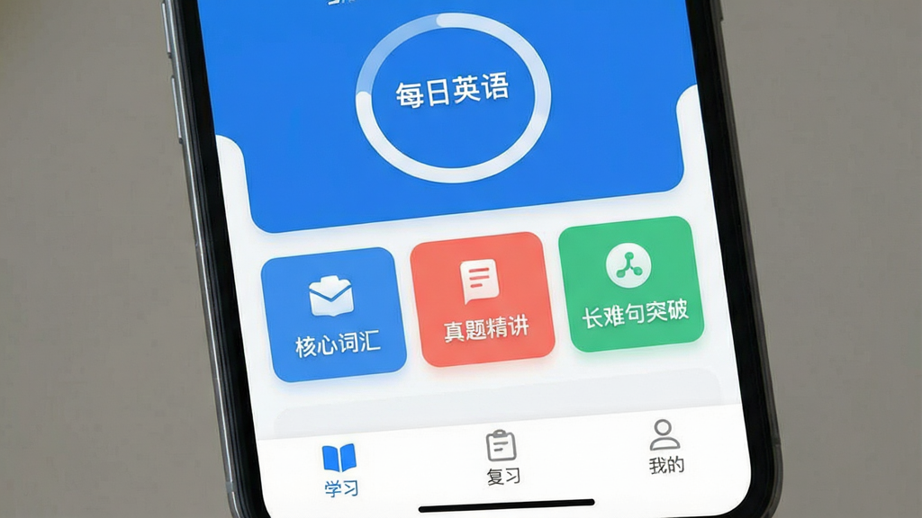 一张智能手机屏幕的特写,屏幕正面显示“考研英语”App的主界面,界面以蓝白配色为主,顶部是每日学习打卡进度环,中间是“核心词汇”、“真题精讲”、“长难句突破”三个彩色功能卡片,底部是底部导航栏,包含“学习”、“复习”、“我的”三个标签,整体风格现代扁平,细节圆润,画质干净无多余元素。