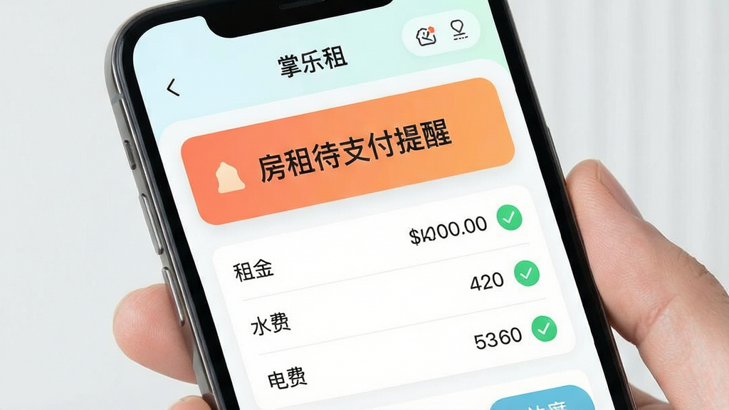 一张展示“掌乐租”智能账单提醒功能的手机截图,屏幕中央显示一条醒目的“房租待支付提醒”横幅,下方是详细的月度账单明细列表,包含“租金”、“水费”、“电费”等条目,每个条目后都有绿色对勾状态图标,界面配色清新,按钮设计圆润,整体风格简洁明了,画质干净,突出智能化与人性化