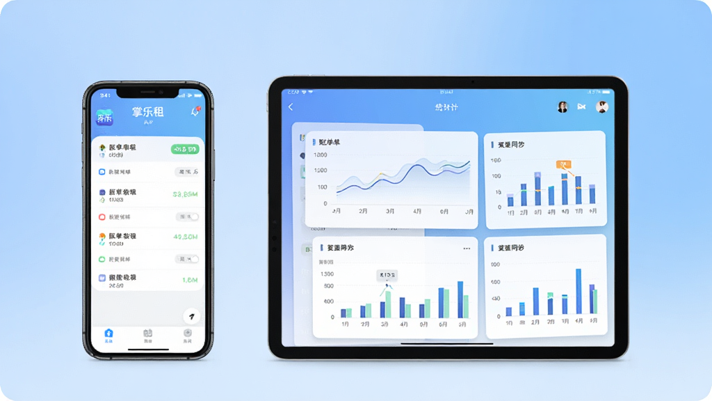 一张展示“掌乐租”APP在手机和平板设备上运行的对比图,左侧是手机竖屏界面,右侧是平板横屏界面,两边的界面布局都清晰展示出账单列表和图表统计,背景为柔和的渐变蓝色,设备摆放整齐,画面干净,传达跨设备无缝同步的便利性