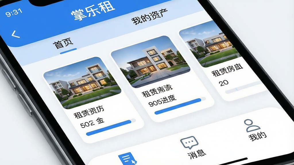 一张展示智能手机屏幕的近距离特写,屏幕内显示“掌乐租”APP的主界面,界面设计现代简洁,以蓝白为主色调,顶部显示清晰的“首页”与“我的资产”导航栏,中间是卡片式的租赁房源缩略图与租金进度条,底部有“账单”、“消息”、“我的”三个功能按钮,整体布局清晰,文字标签明确,风格扁平化,细节圆润,画质干净,无多余元素,突出软件专业与易用性