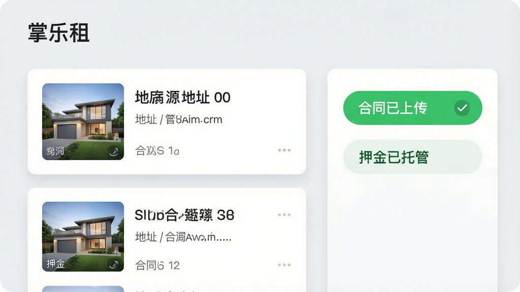 一张展示“掌乐租”APP内资产管理界面的高清截图,左侧是房源缩略图与地址信息,右侧是“合同已上传”、“押金已托管”等状态标签,背景为淡雅的浅灰色,卡片设计带有轻盈的阴影,信息层级分明,视觉风格干净、现代、专业,画质清晰无多余元素,突出高效管理的特点