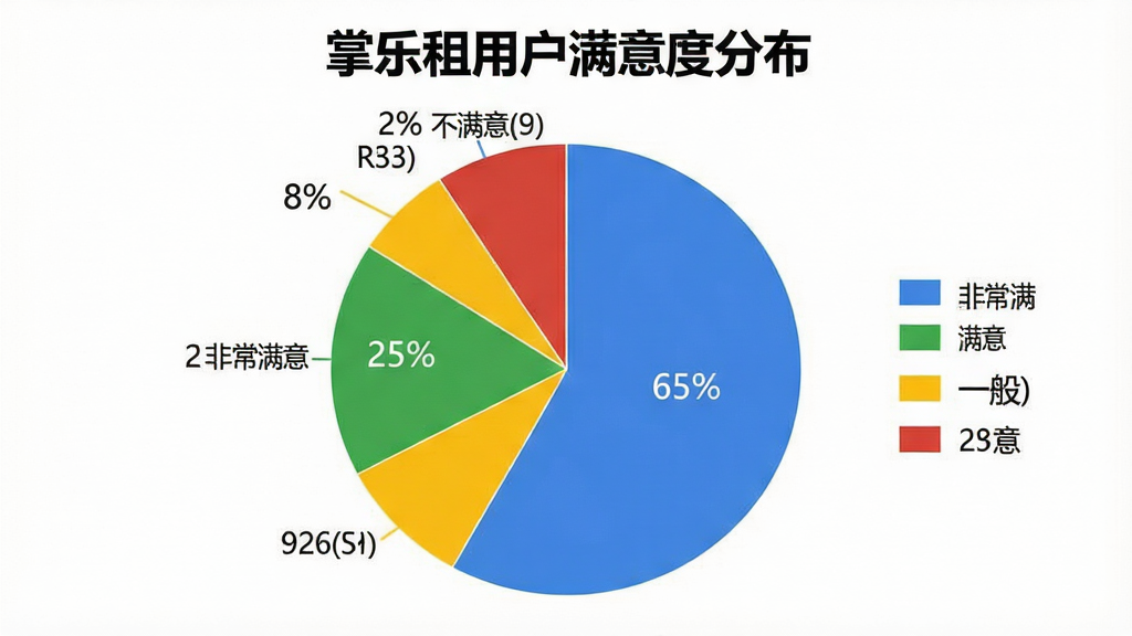 一张展示用户满意度分布饼状图的图片,图表标题为“掌乐租用户满意度分布”,饼图由四种颜色组成:蓝色代表“非常满意”占65%,绿色代表“满意”占25%,黄色代表“一般”占8%,红色代表“不满意”占2%,图表背景为白色,数据标签清晰可见,整体风格简洁专业,画质干净,突出用户高度认可
