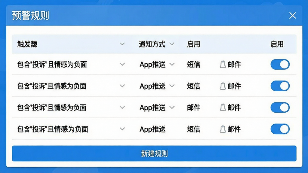 一张华云舆情软件预警设置界面截图,界面顶部是“预警规则”标题,下方是规则列表,每条规则包含触发条件(如“包含‘投诉’且情感为负面”)、通知方式(App推送、短信、邮件)和启用开关,底部有“新建规则”按钮,风格清晰易用,蓝白配色,画质干净无多余元素。