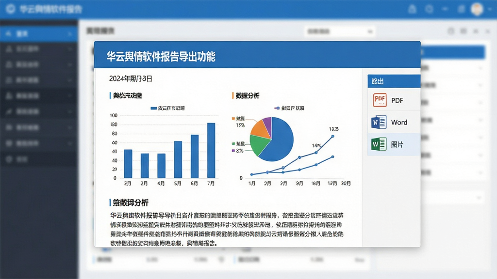 一张华云舆情软件报告导出功能截图,画面中央是一份生成的舆情报告预览,包含标题、日期、数据图表(柱状图、饼图、折线图)和文字分析,右侧是导出格式选项(PDF、Word、图片),背景是模糊的软件界面,风格商务专业,蓝白配色,画质干净无多余元素。