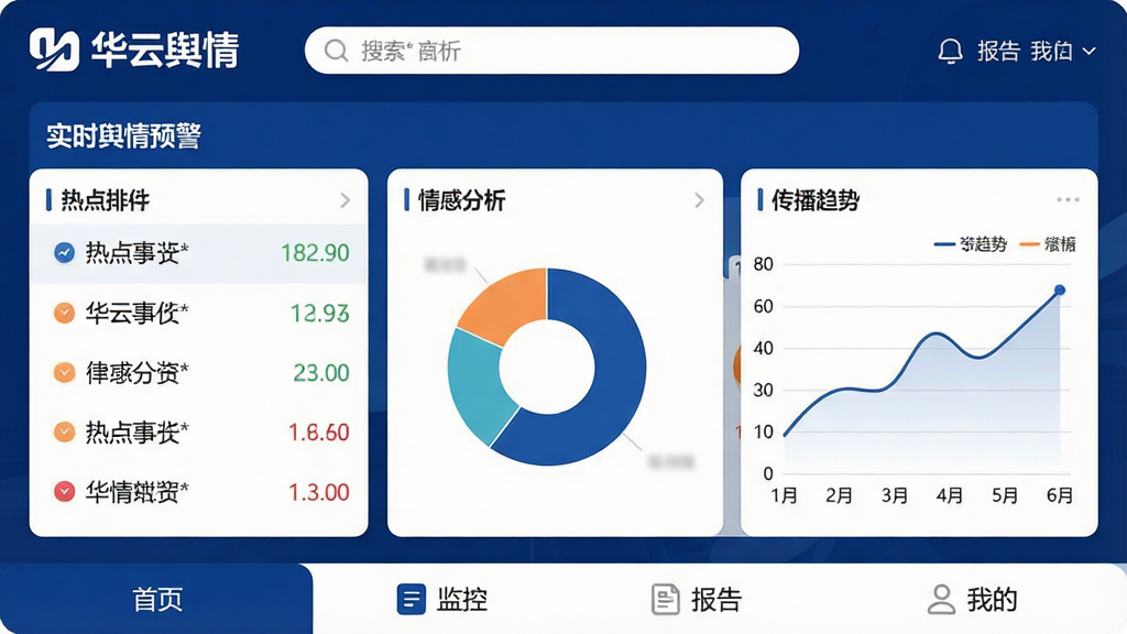 一张展示华云舆情软件主界面的高清截图,界面以深蓝色和白色为主色调,顶部显示“华云舆情”品牌logo和搜索栏,中间是实时舆情预警数据面板,包含热点事件排行、情感分析饼图、传播趋势折线图,底部是“首页、监控、报告、我的”四个选项卡,布局清晰,风格现代扁平,细节圆润,画质干净无多余元素。