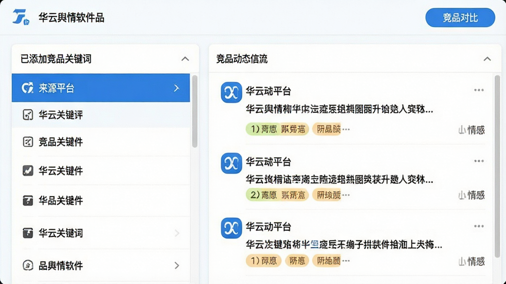 一张华云舆情软件竞品追踪功能界面截图,画面分为左右两栏,左侧是已添加的竞品关键词列表,右侧是竞品动态信息流,每条信息包含来源平台图标、标题、时间和情感标签,顶部有“竞品对比”按钮,风格简洁直观,蓝白配色,画质干净无多余元素。