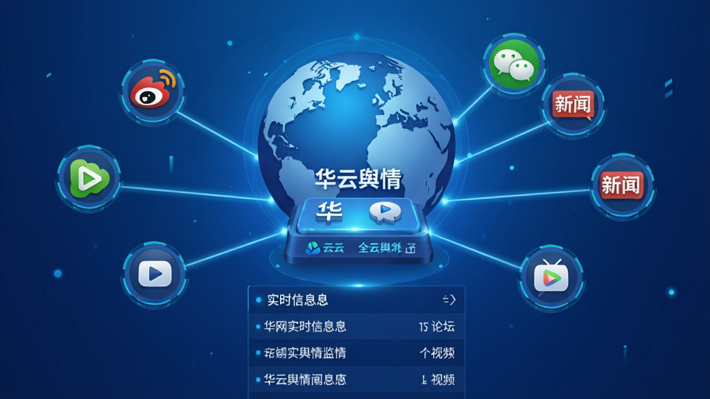 一张华云舆情软件的全网监测功能示意图,画面中央是一个地球仪,地球仪周围环绕着微博、微信、新闻、论坛、视频等图标,从这些图标延伸出光线连接到中央的“华云舆情”数据处理器,处理器下方显示实时滚动的信息流列表,风格科技感十足,蓝色调为主,画质干净无多余元素。