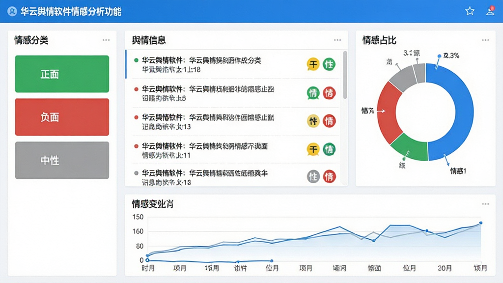 一张华云舆情软件情感分析功能界面截图,左侧是情感分类色块图例(正面绿色、负面红色、中性灰色),中间是舆情信息列表,每条信息后带有情感标签图标,右侧是情感占比环形图,底部是时间轴情感变化折线图,整体界面简洁清晰,蓝白配色,画质干净无多余元素。