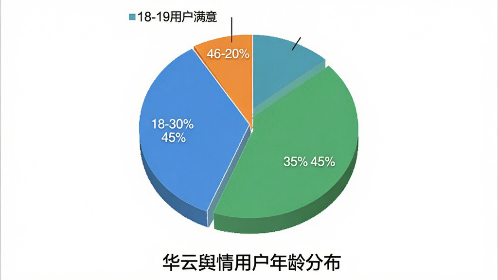 一张华云舆情用户满意度饼状图,图中显示18-30岁用户占比45%,31-45岁用户占比35%,46-60岁用户占比20%,配色分别用蓝色、绿色、橙色,图表下方标注“华云舆情用户年龄分布”,风格简洁清晰,白色背景,画质干净无多余元素。