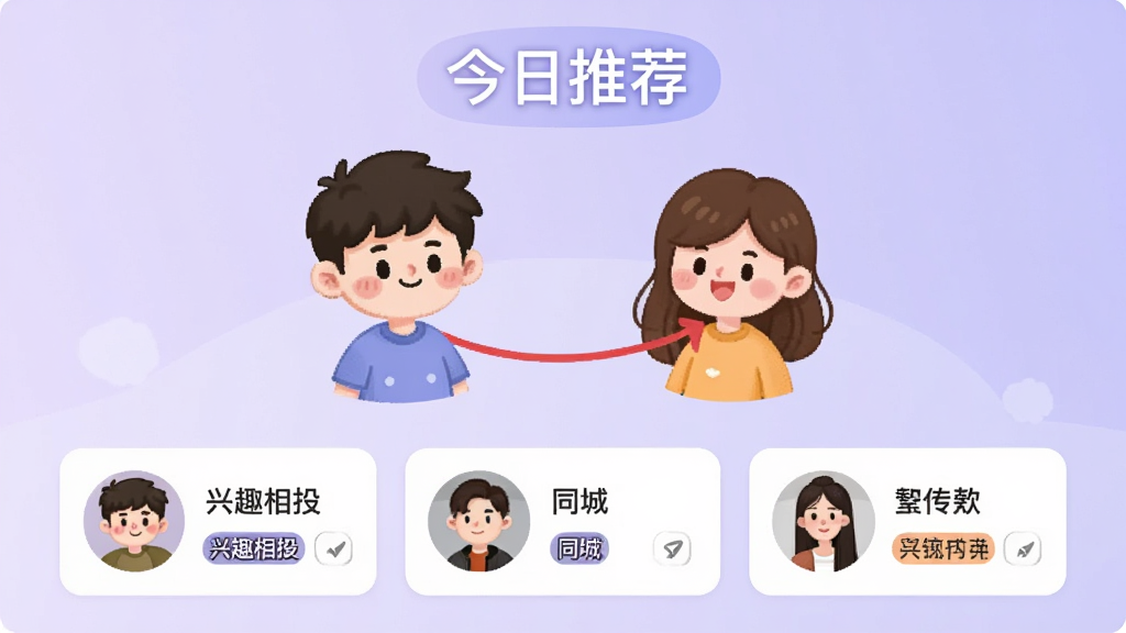 情伴智能匹配界面,背景为淡紫色渐变,中央显示两个卡通人物形象被红线连接,上方有“今日推荐”字样,下方是三位用户头像卡片,卡片上标有“兴趣相投”、“同城”等标签,风格温馨,画质干净。